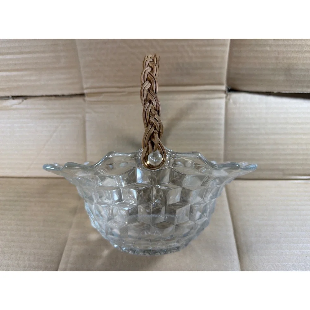 Rare Vintage Fostoria American Cube Glass Basket Wicker Handle Ruffled Rim